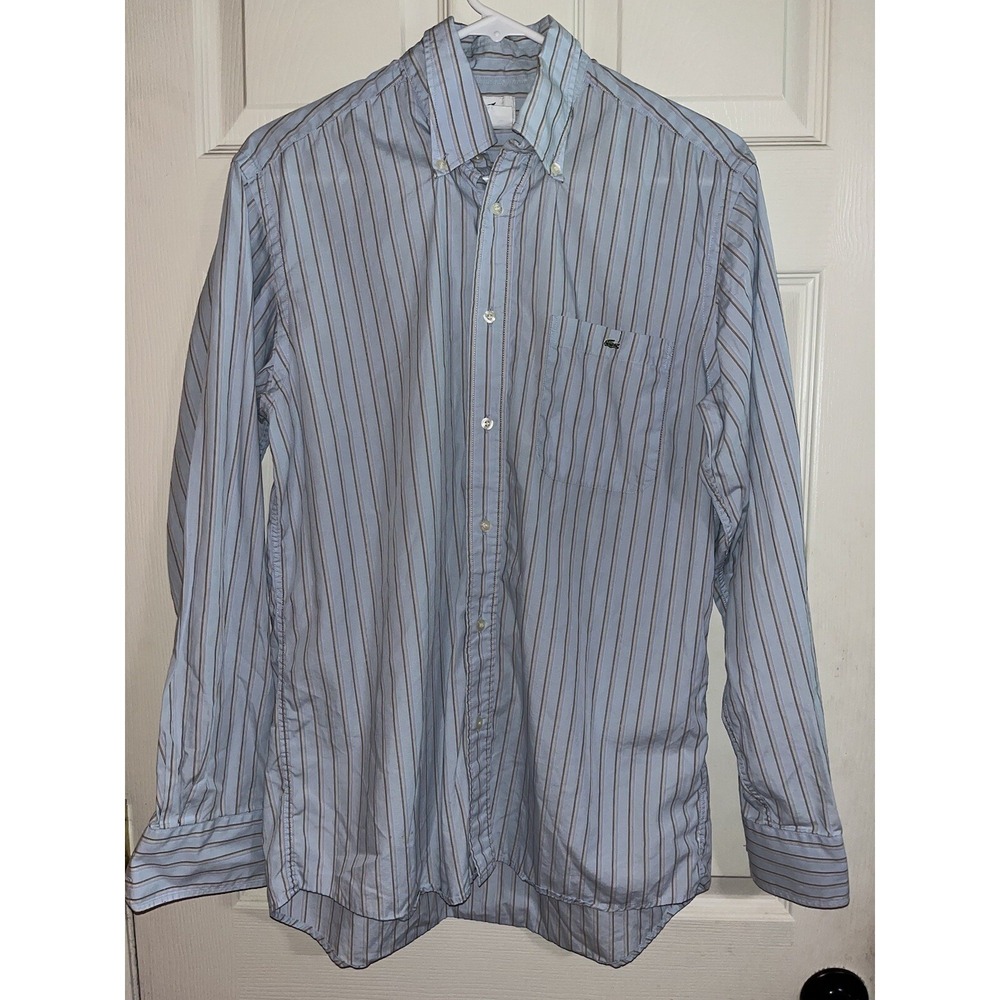 LACOSTE Shirt Mens 40 Lt Blue Long Sleeve Button up Striped Prep Logo